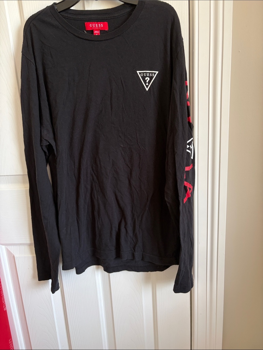 GUESS Black Long-Sleeve Logo Tee with Red Sleeve Accents